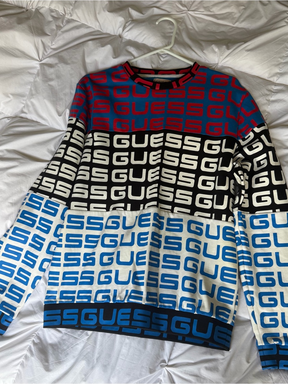 Guess Colorblock Logo Crewneck - Red, Black & Blue